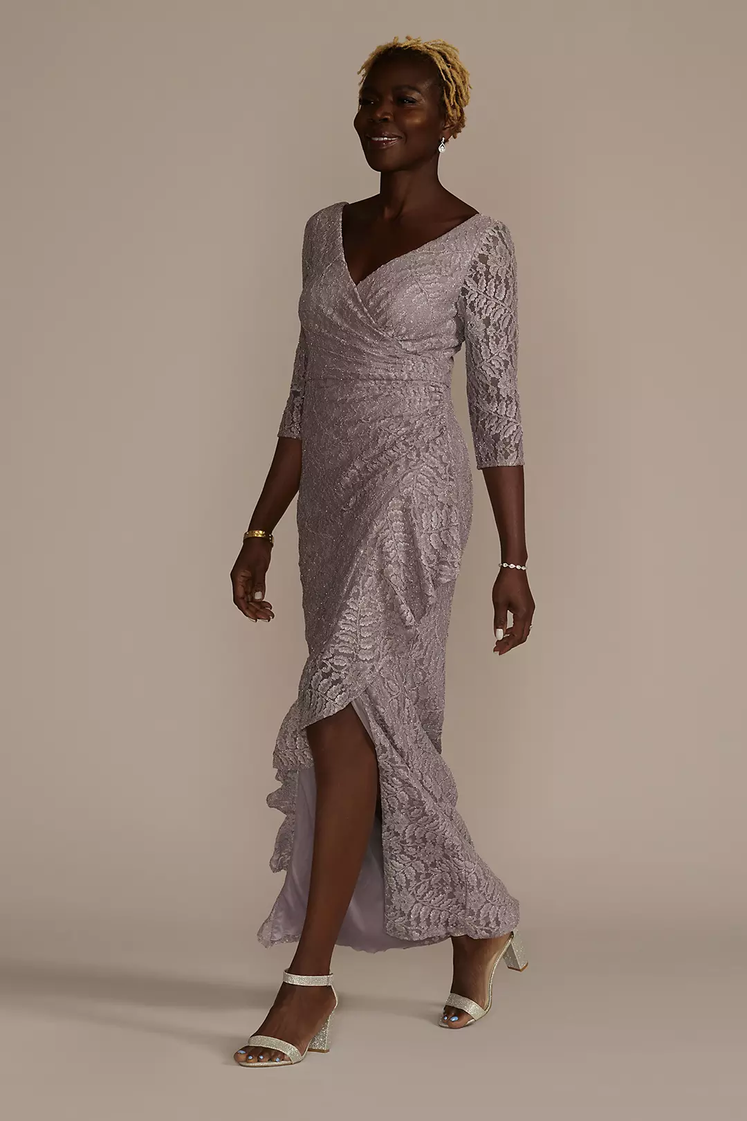 Three-Quarter Sleeve Glitter Lace Ruffle Sheath - Image 4