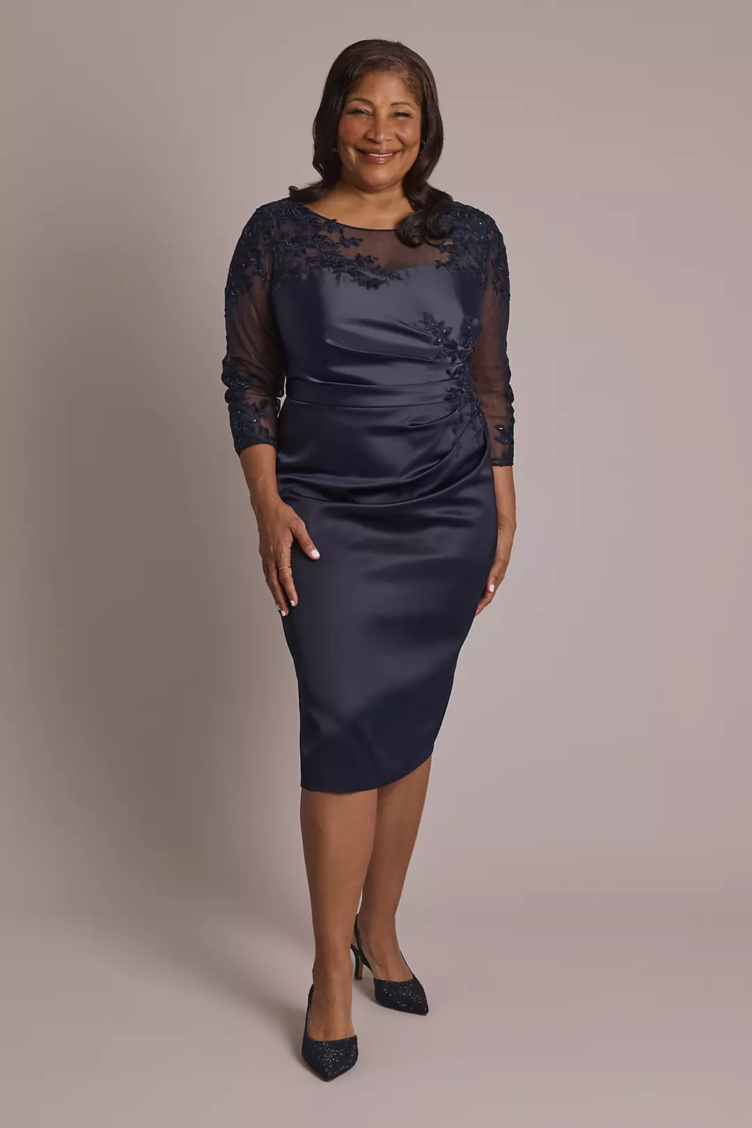 Three-Quarter Sleeve Stretch Satin Short Dress - Image 9