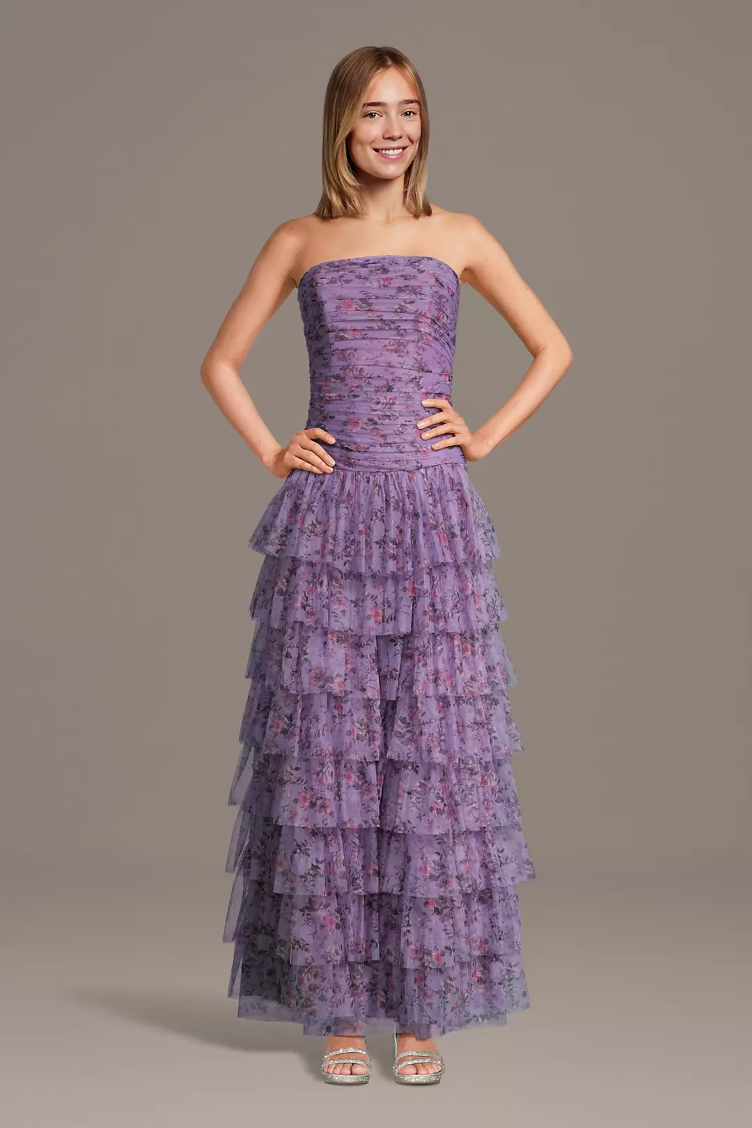 Tiered Net Strapless Drop Waist Floral Print Dress - Image 4